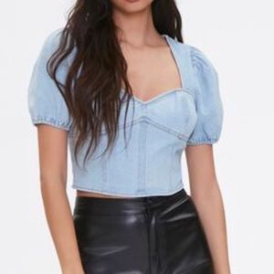 Forever 21 Denim Puffer Sleeve Crop Top